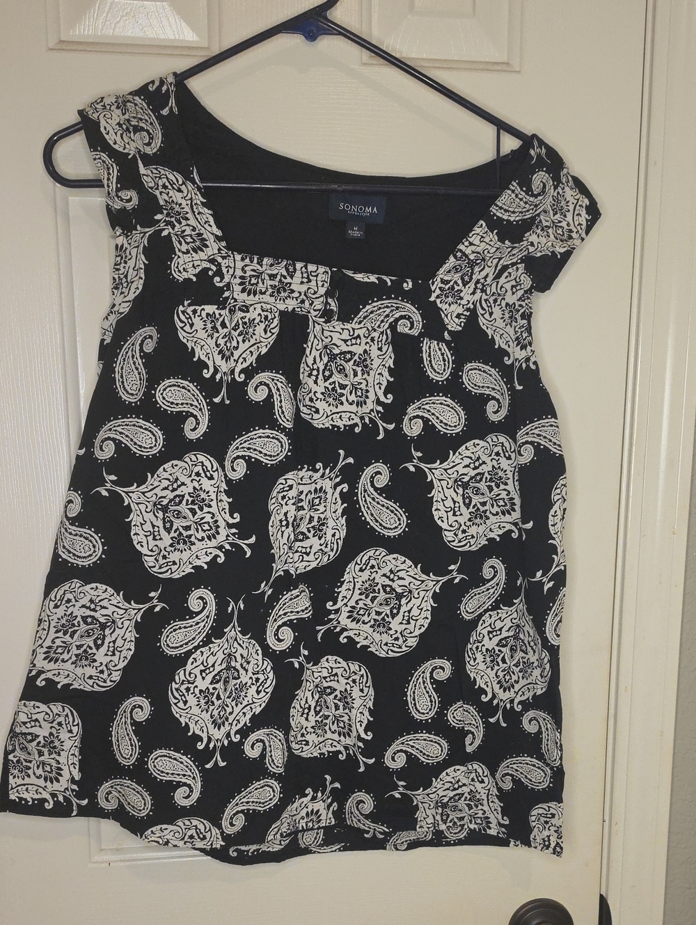 Sonoma Black and White Paisley Square-Neck Cap Sleeve Top